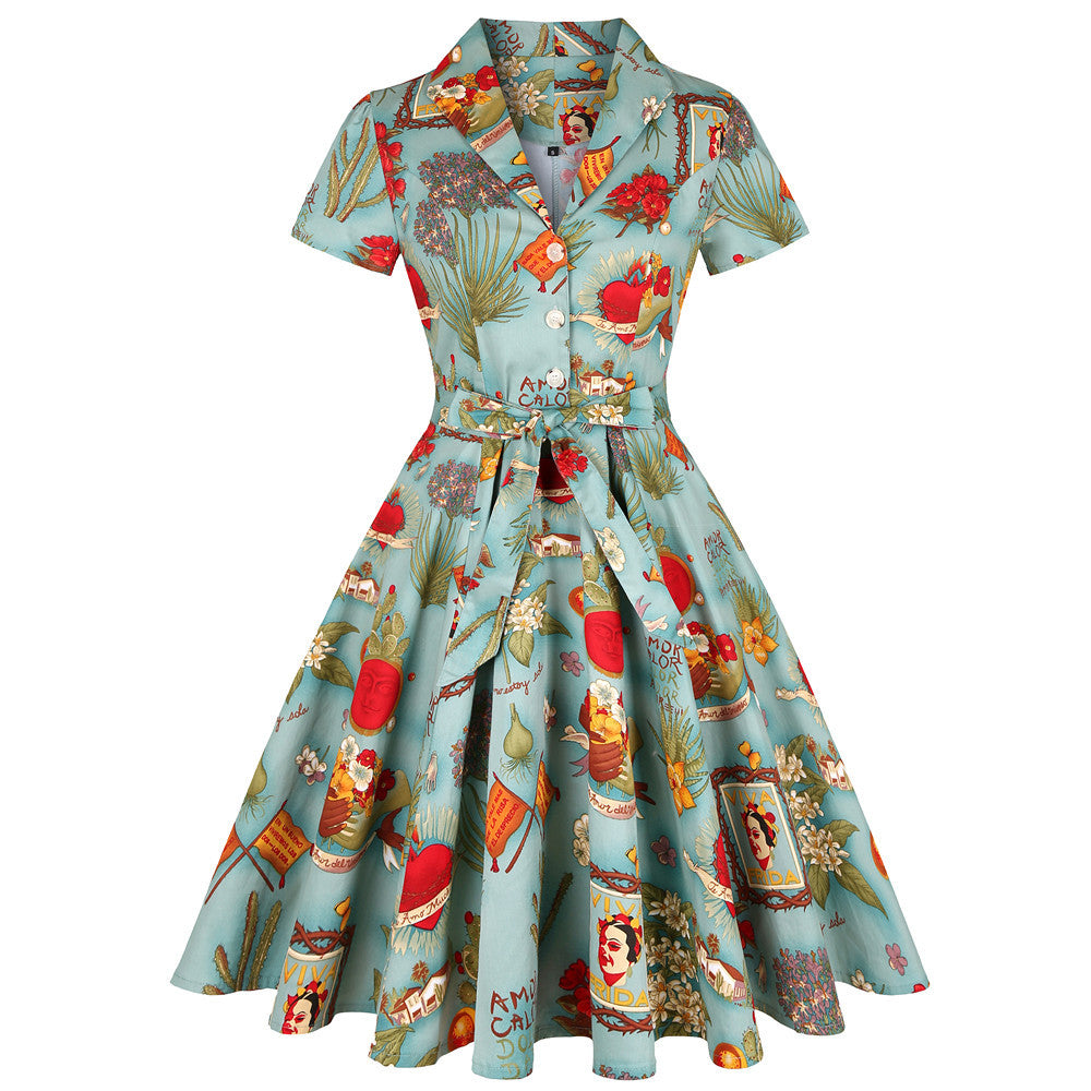 Retro Lapels Sleeve Fresh Printed Large Swing Cotton With Shorts