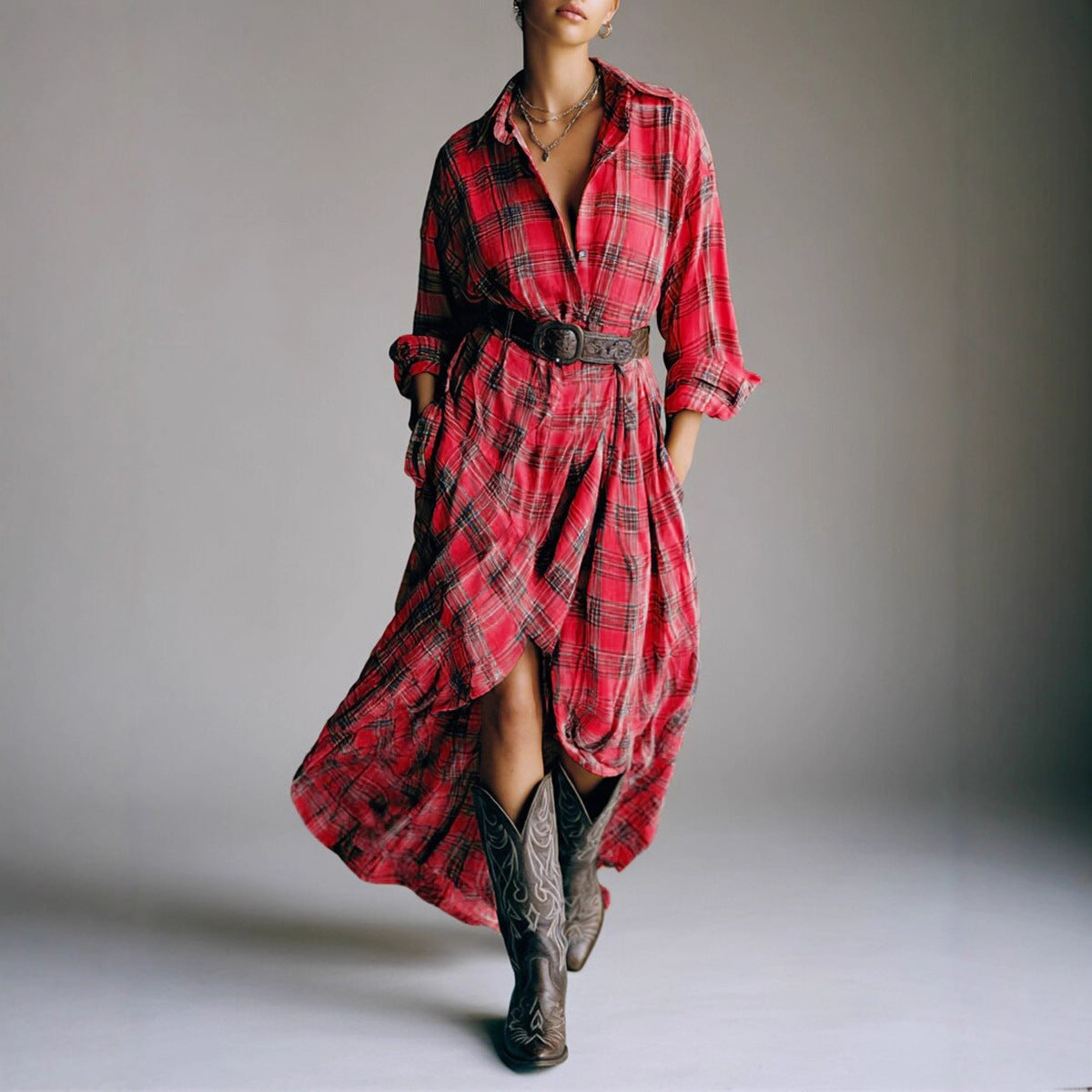 Retro Long Sleeve Plaid Shirtdress Fashion Loose Leisure Dress
