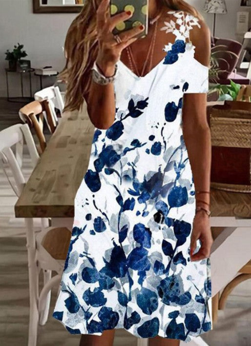 Women's Summer Lace Ruffled Sleeves Printed Dress Dresses