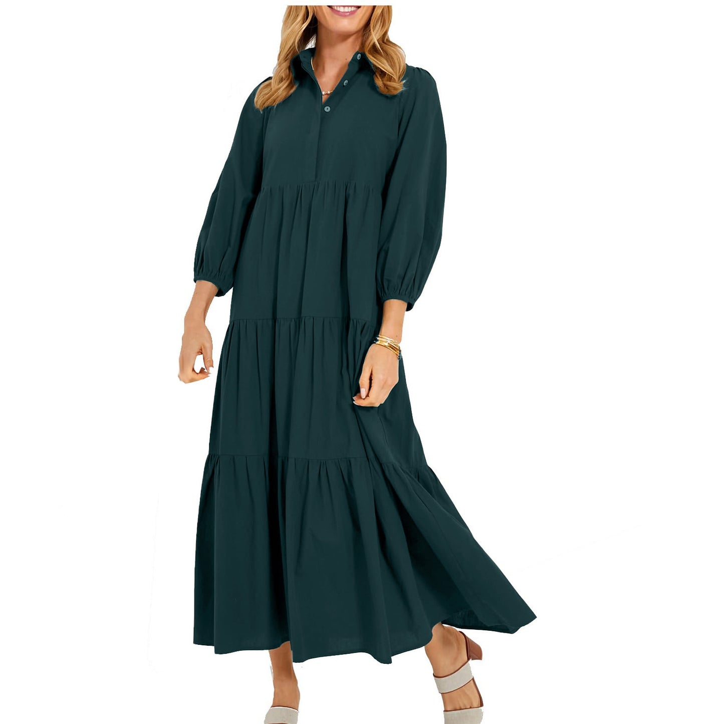 Women's Button Lapel Long Fashion Pullover High Waist Casual Solid Dress