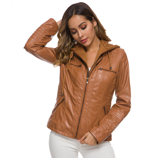 Polo Collar Solid Color Zipper Leather Jackets