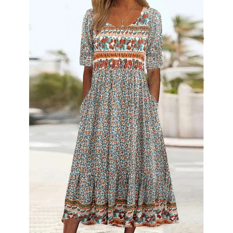 Women's Summer Round Neck Sleeve Dress Bohemian Dresses