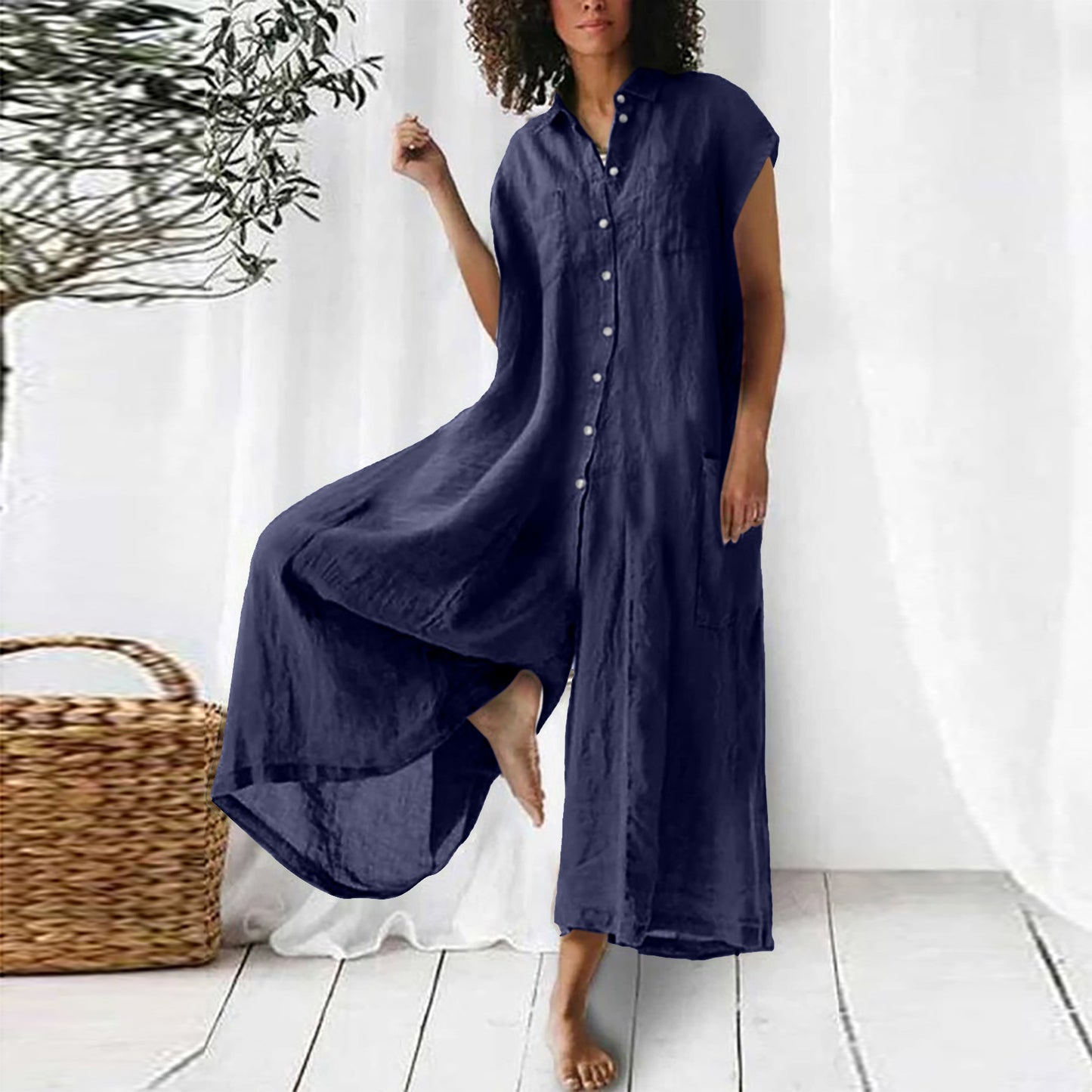 Women's Solid Color Casual Short-sleeved Mid-length Cotton Jumpsuits