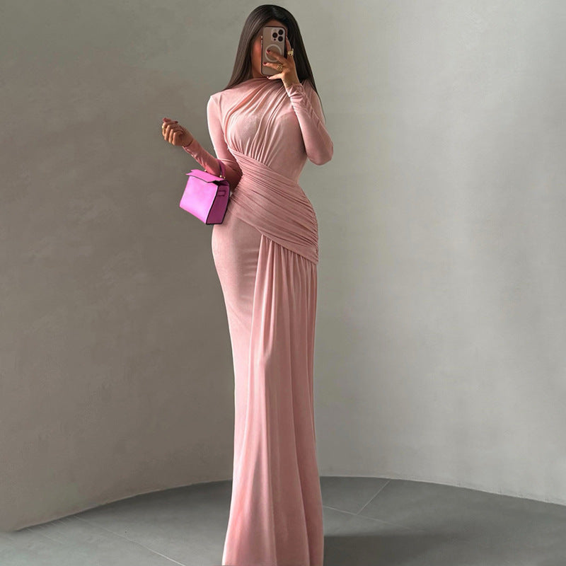 Women's Color Round Neck Asymmetric Fold Slim Fit Dress
