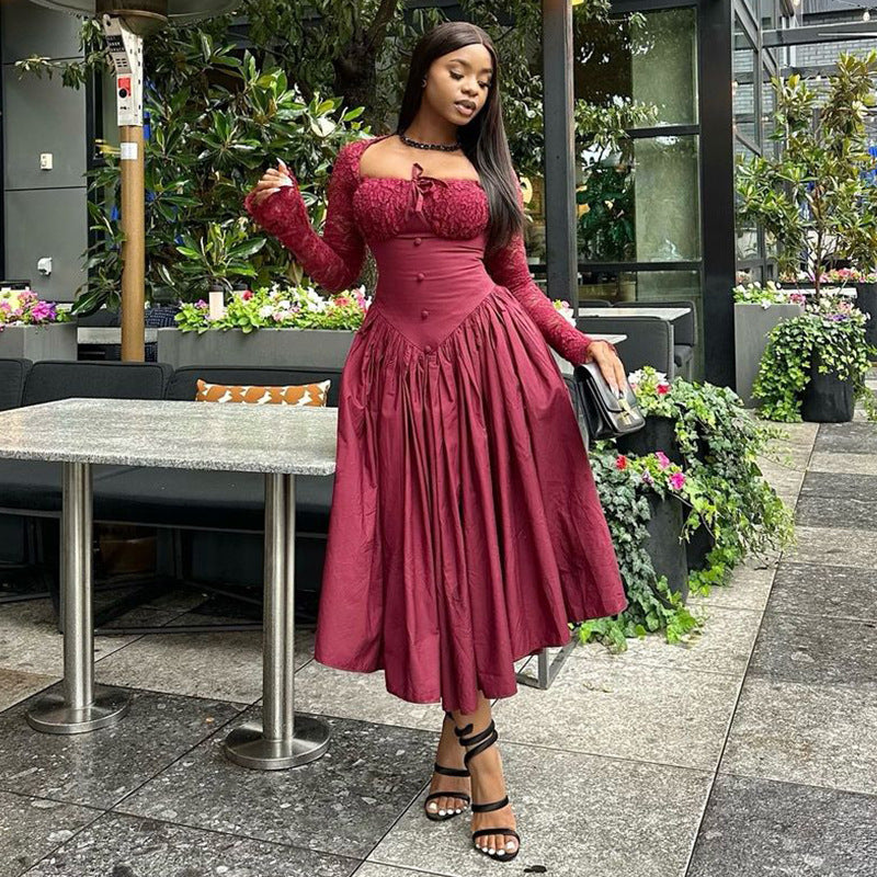 Women's Square Collar Lace Long Sleeve Waist Dresses