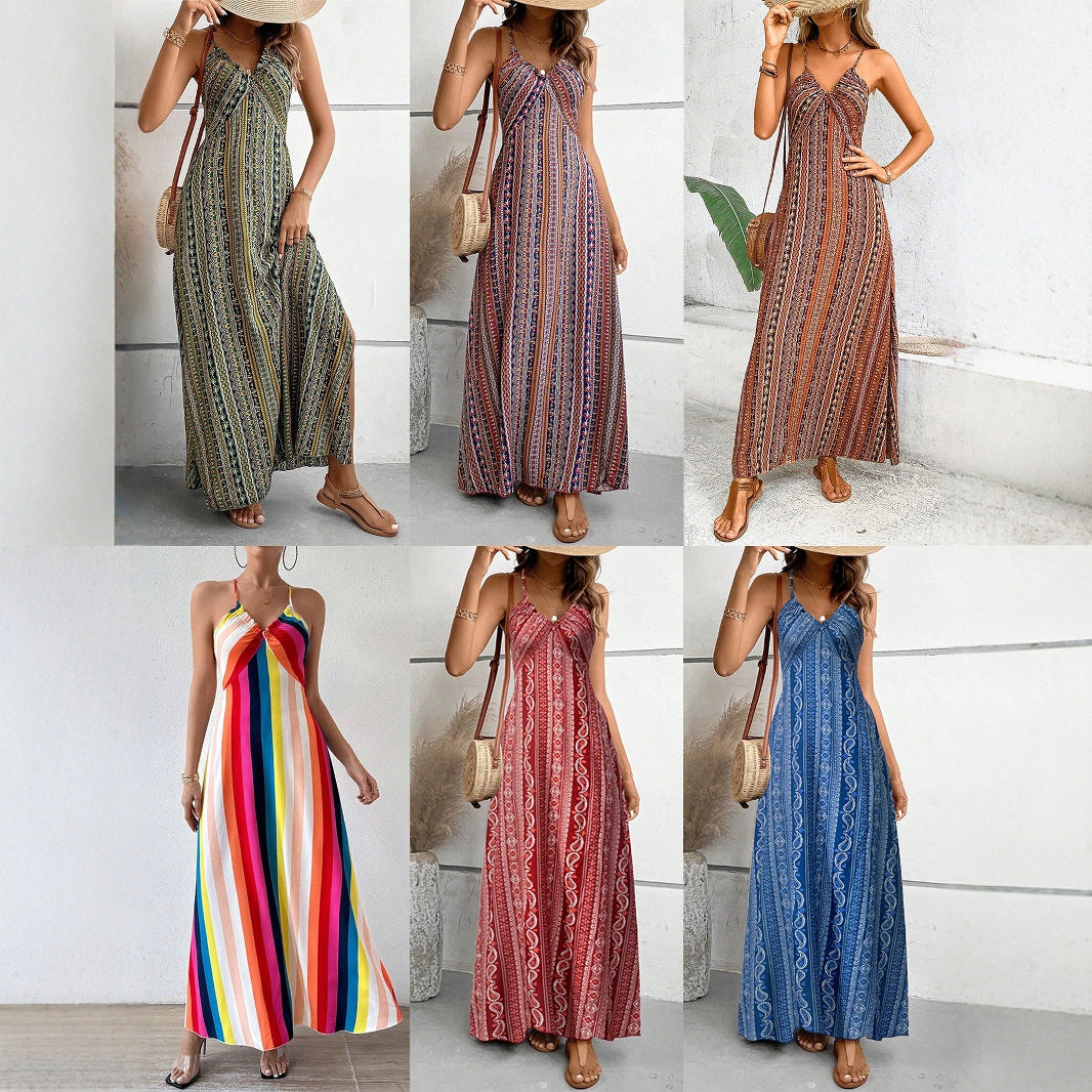 Women's Suspenders Printed Beach Slit High Waist Dress