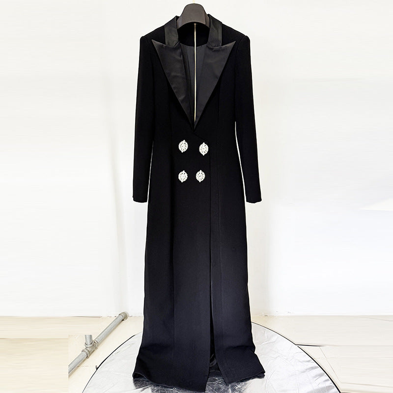 Diamond Button Deep V Collar Slit Maxi Dress