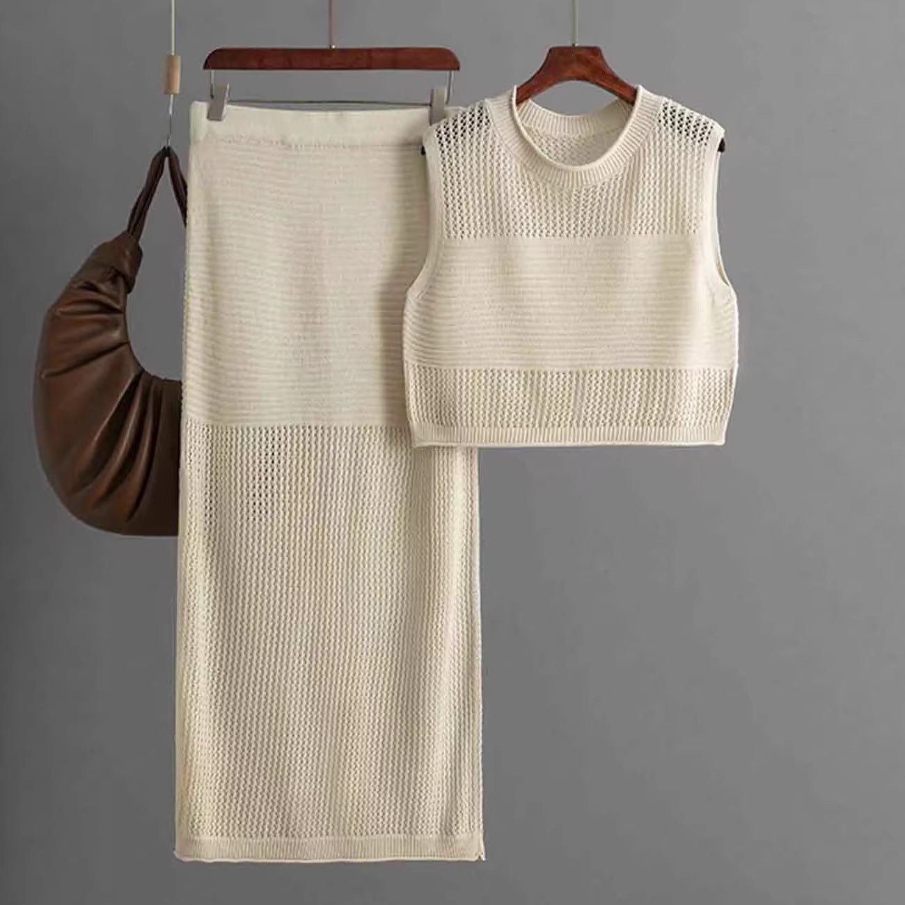 Hollow Sleeveless Summer Knitted Slit Two-piece Sweater