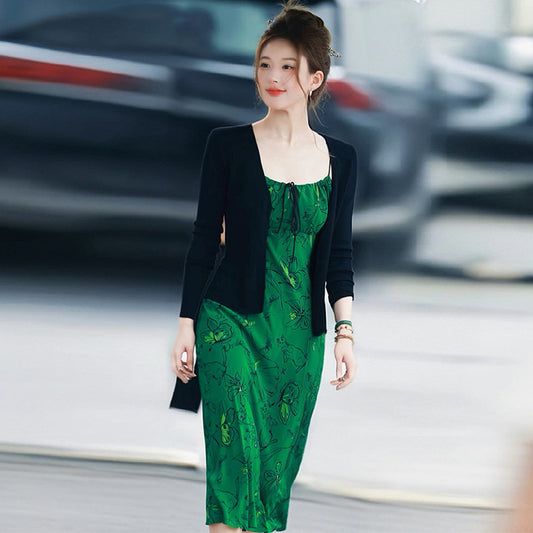 Green Ballet Butterfly Printed Mulberry Silk Dresses