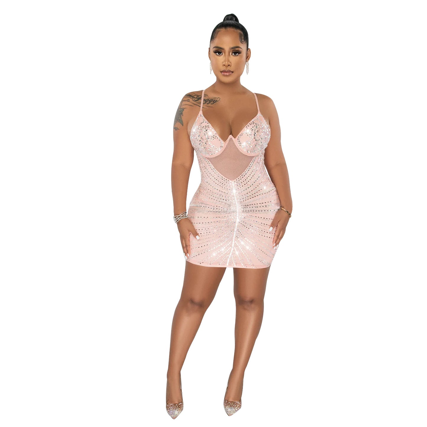 Women's Fashion Wear Rhinestone Mesh Camisole Sleeveless Dresses