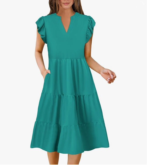 Women's Collar Ruffle Sleeve Mid-length Stitching Big Swing Dress