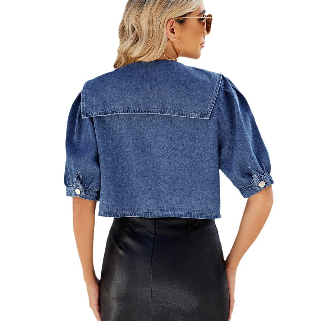 Women's Washed Sailor Collar Denim Small Jackets