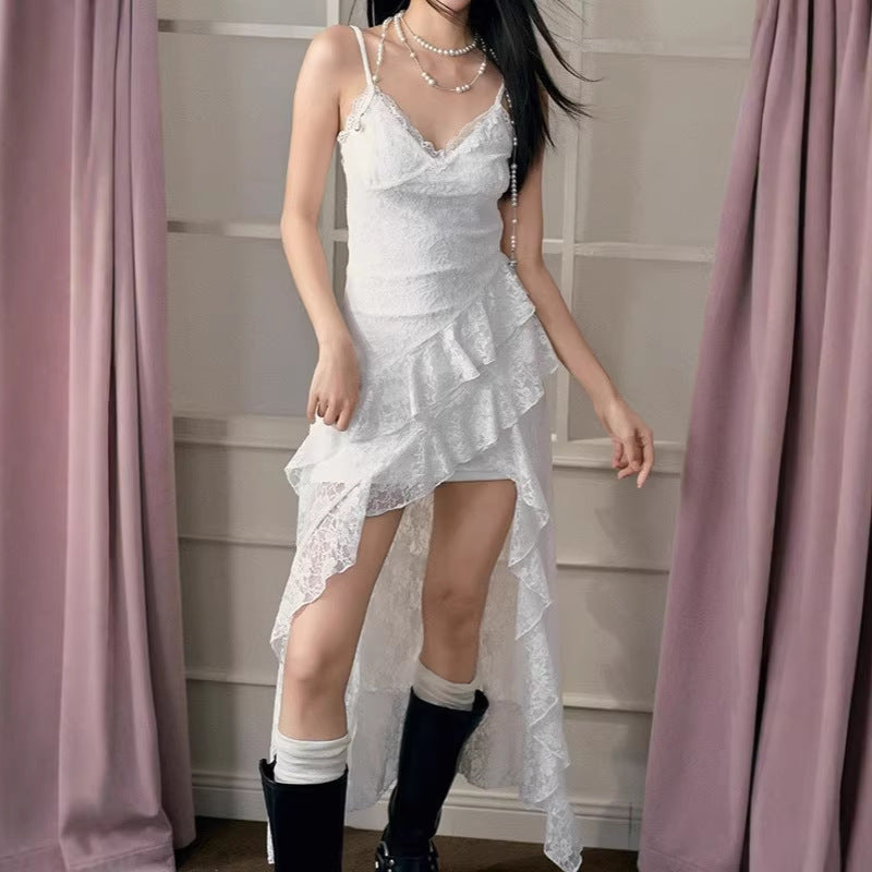 Women's Style Irregular Slit Hemline At Hem Romantic Atmosphere Lace Suspender Dress