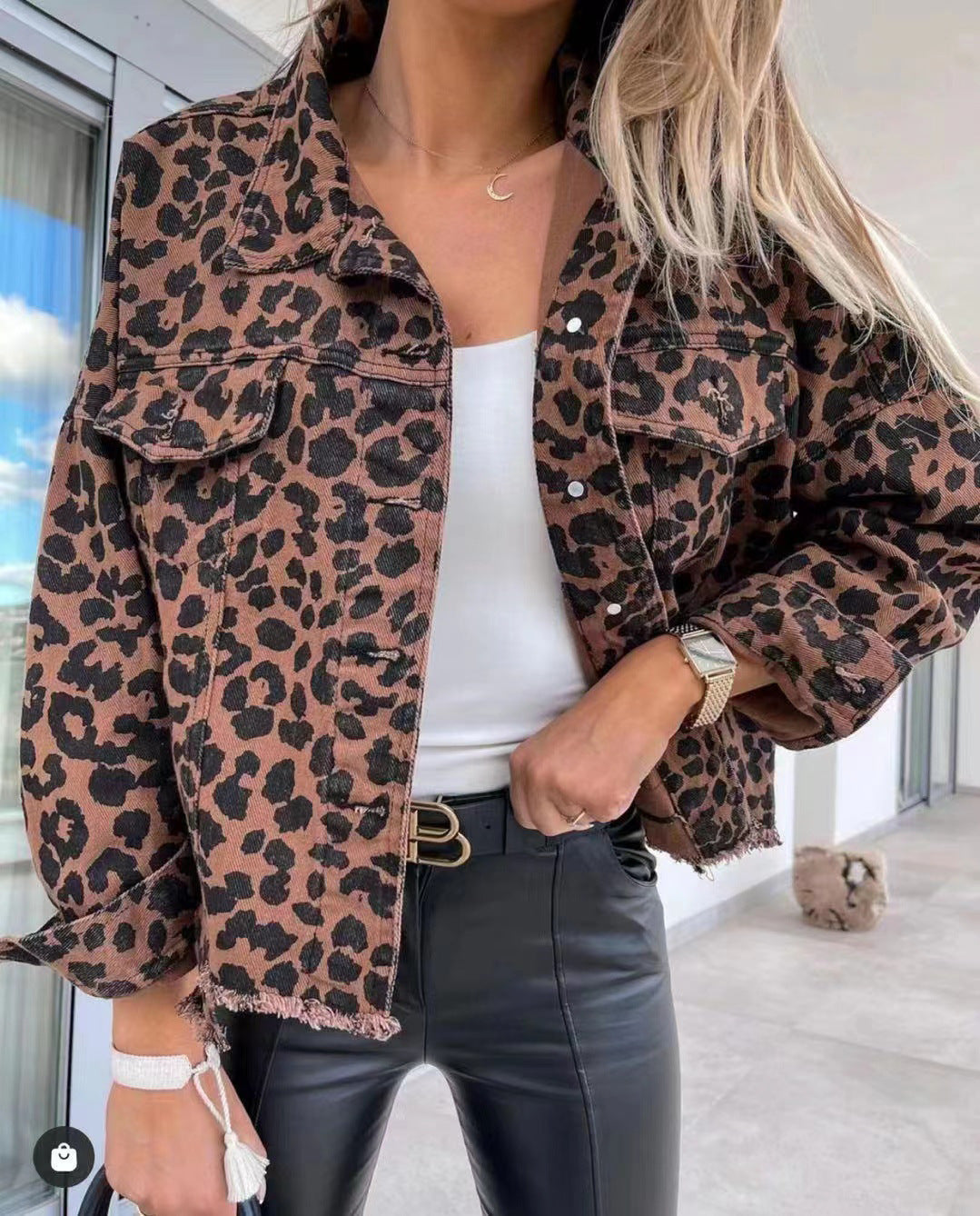 Women's Hipster Washed Old Leopard Print Frayed Jackets
