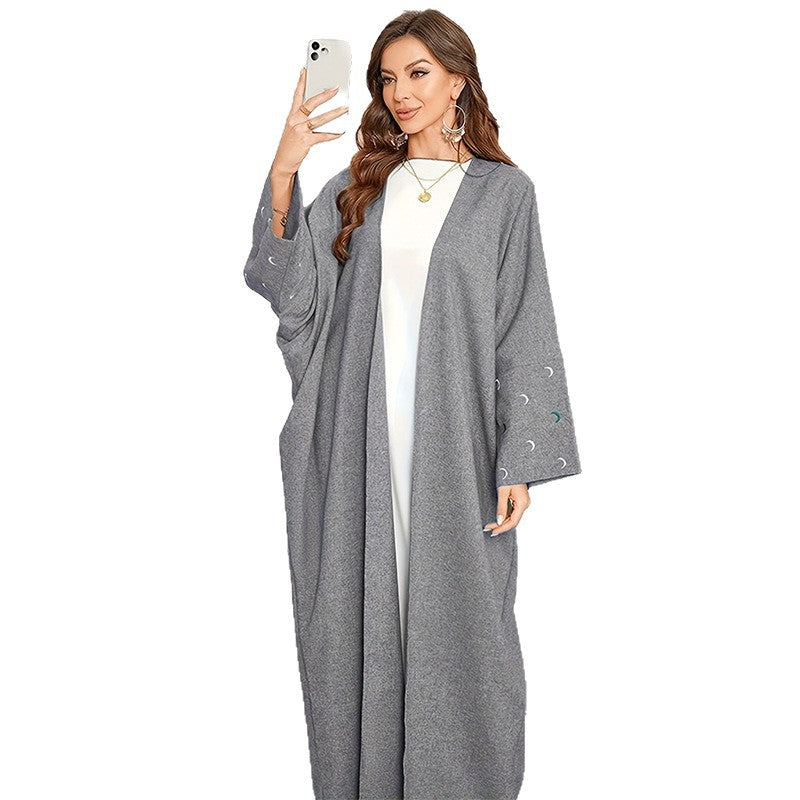 Batwing Sleeve Robe Elegant Moon Embroidery Cardigans