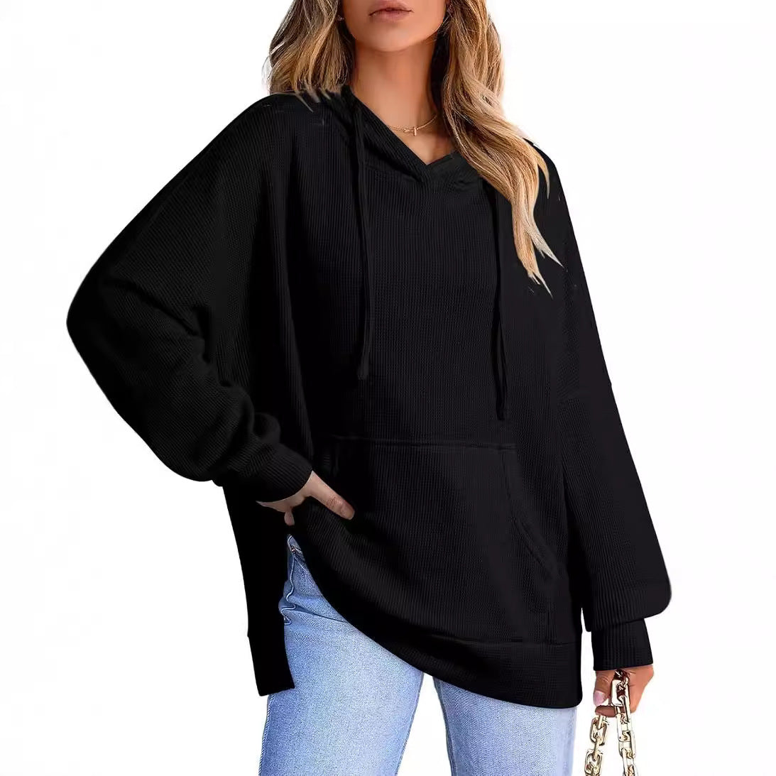 Women's Hoodie Waffle Knitted Side Slit Pullover With Pocket Women's Sweater, Sweater