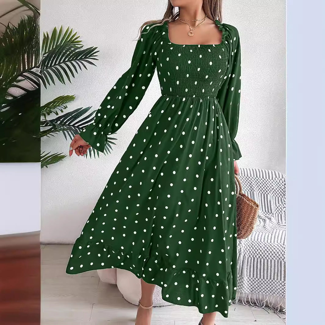 Women's Casual Wooden Ear Square Collar Polka Dot Large Dress