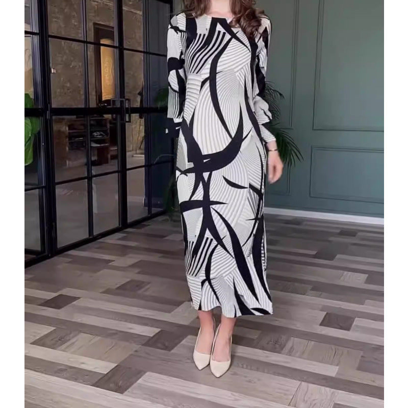Women's Fashionable Elegant High-grade Printed Belt Long Dresses