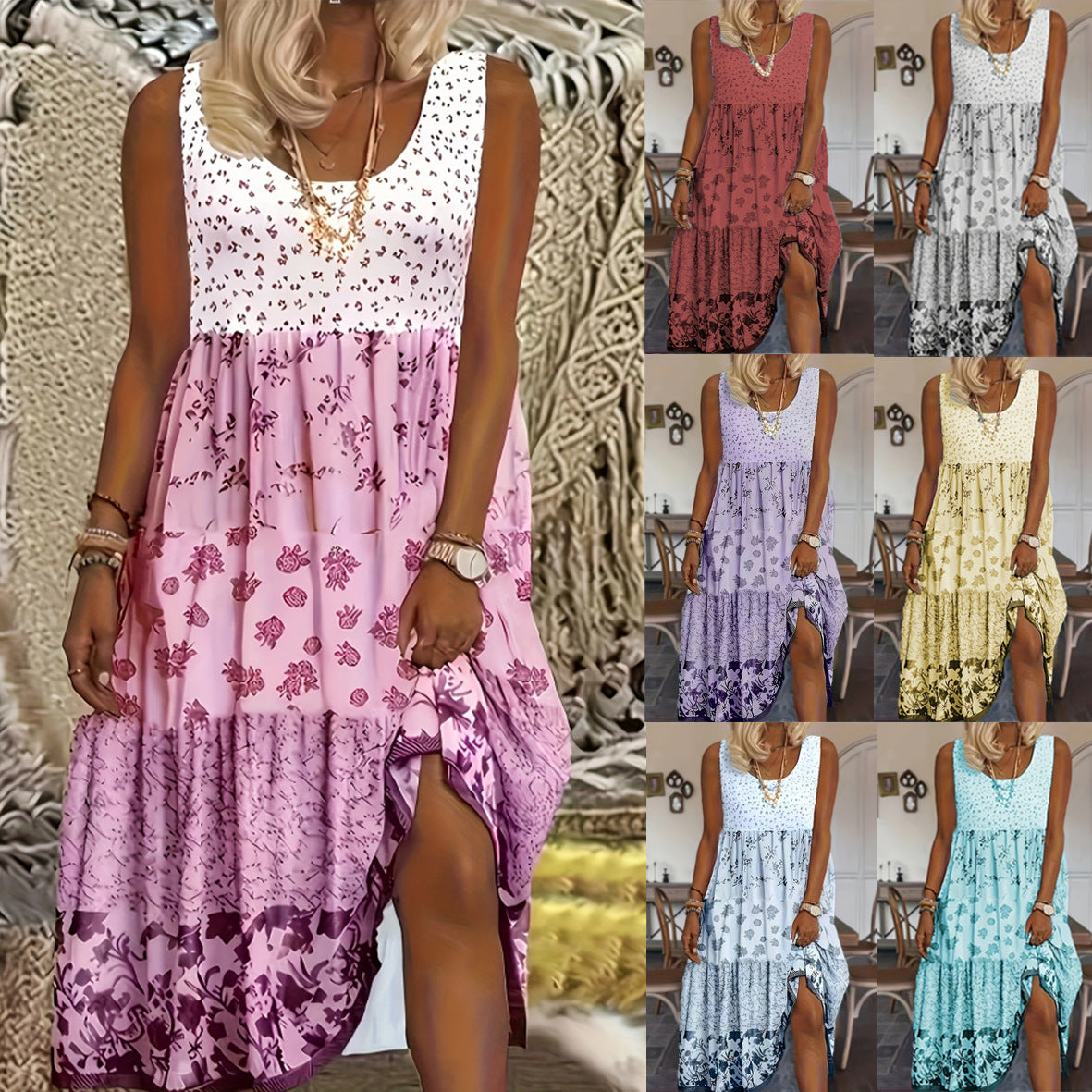 Charming Women's Round Neck Printed Maxi Dress