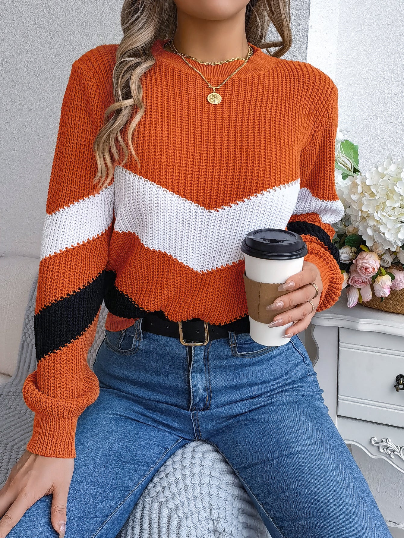 Women's Wind Casual Multicolor Lantern Long Sleeve Sweater