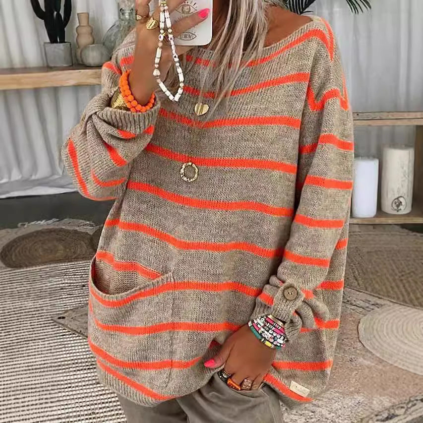 Women's Contrast Color Striped Pullover Round Neck Sweaters