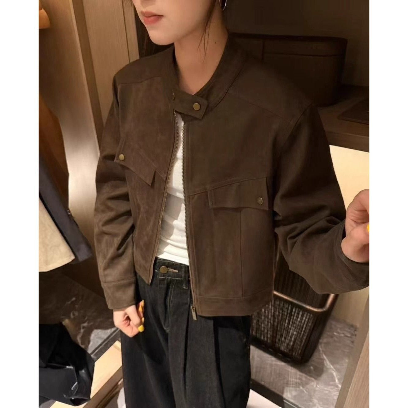 Women's Retro Stand Collar Suede Autumn Fashion Shorts
