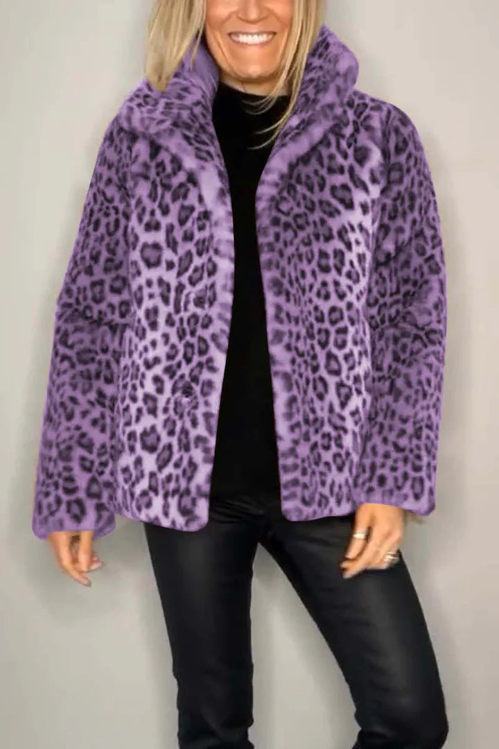 Women's Winter Fashionable Leopard Print Lapel Imitation Coats