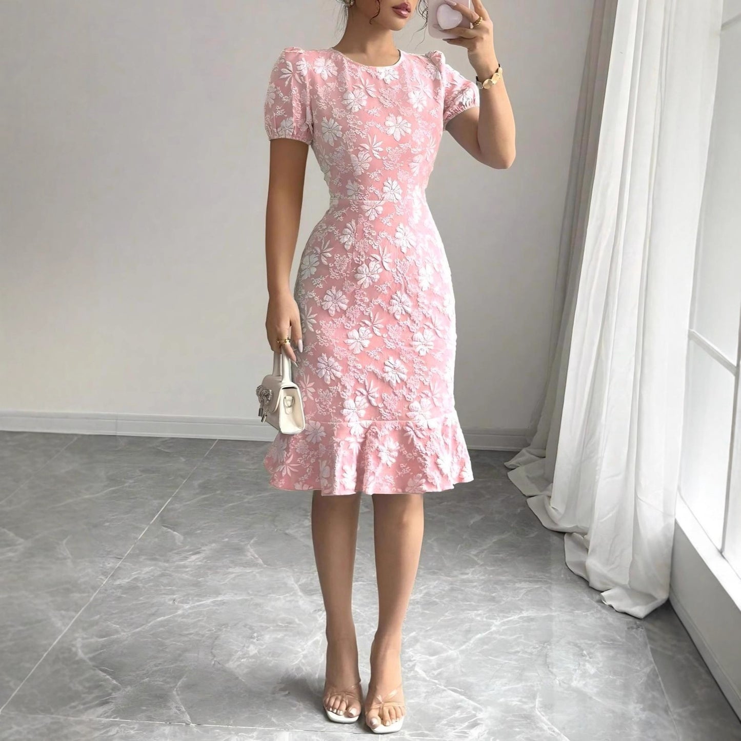 Women's Source Summer Bubble Sleeve Texture Jacquard Round Neck Retro Dress