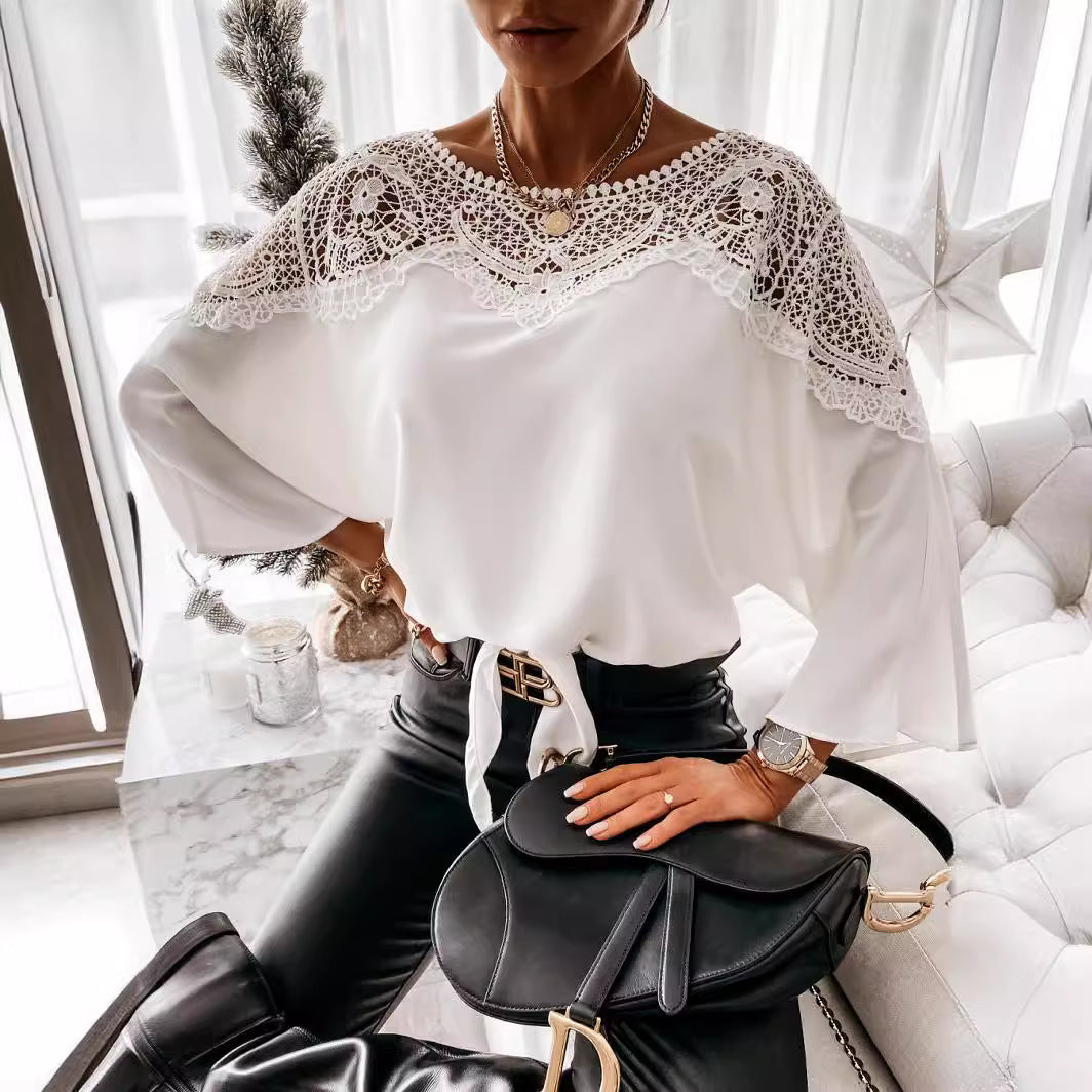 Long-sleeved Lace Shirt Solid Color Commute Tops