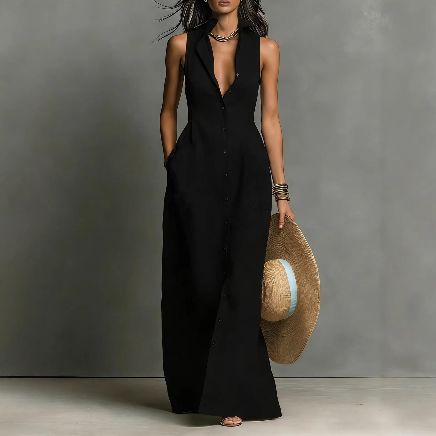 Classic Casual Summer Breasted Sleeveless Collar Dress