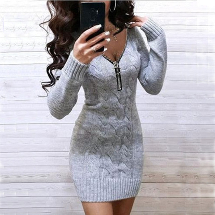 Women's Zipper Long Sleeve Undershirt Mid-length Dress Sweater