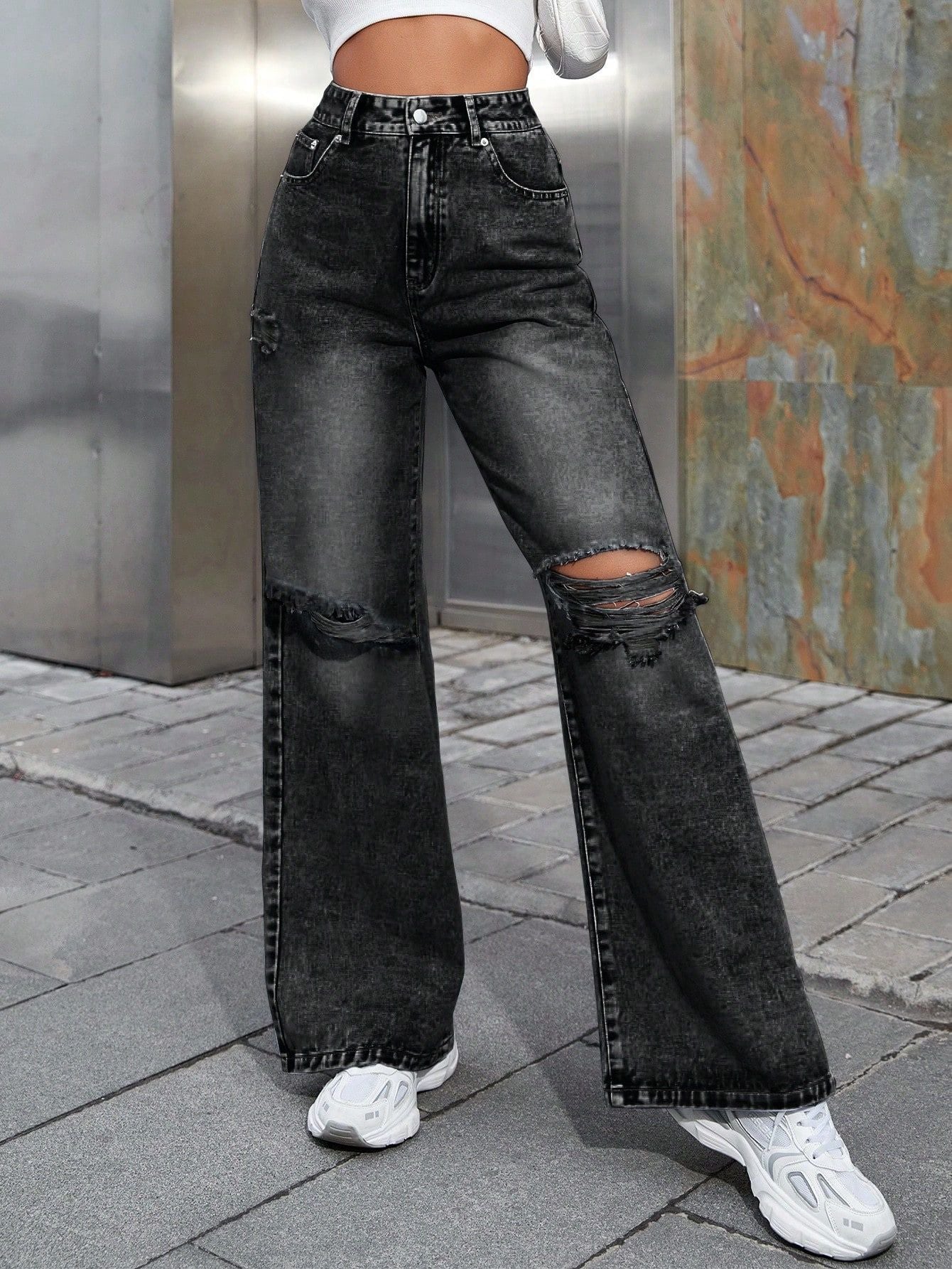 Women's Fashion Holes High Waist Wide Leg Jeans