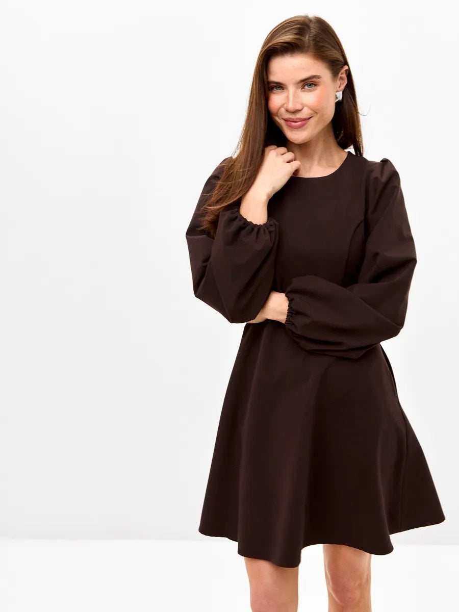 Women's Autumn Round Neck Large Swing Pocket A- Line Bubble Dress