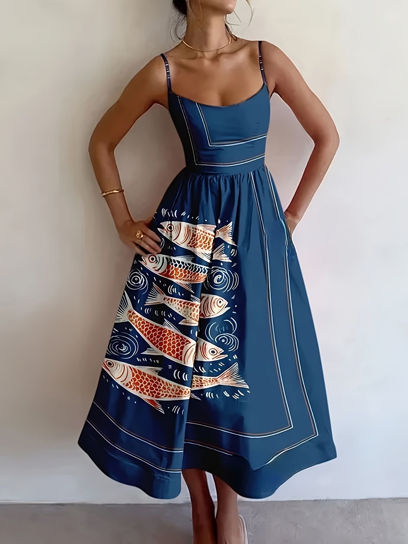 Women's Sense Printed Pleated Suspender Long Vacation Dress