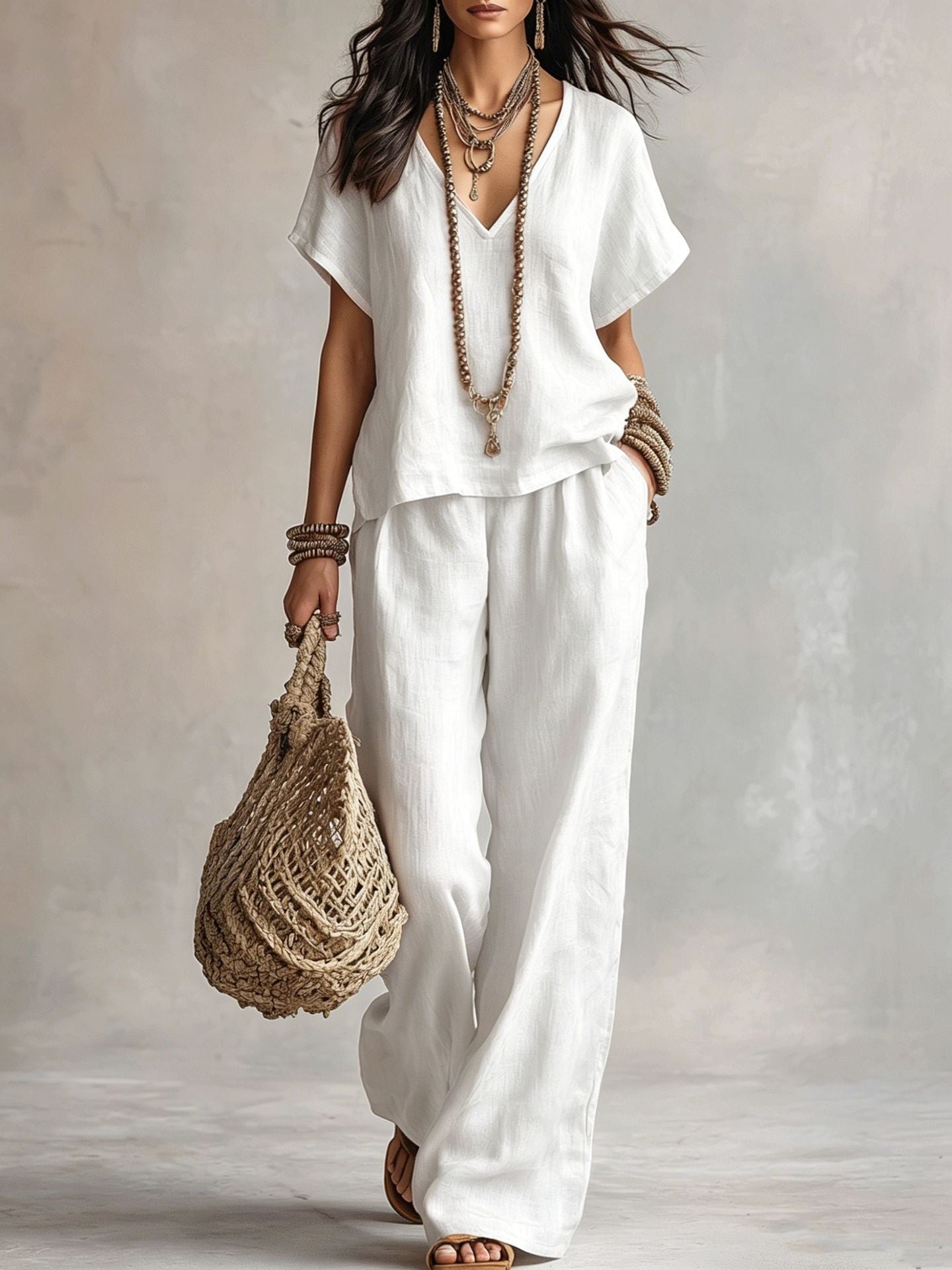 Women's Solid Color Loose Short-sleeved Trousers Two-piece Suits