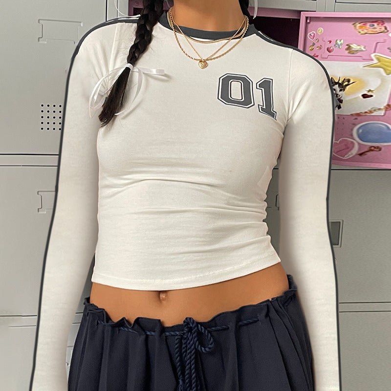 Women's Raglan Sleeve Printed T-shirt Crop Bottoming Round Blouses