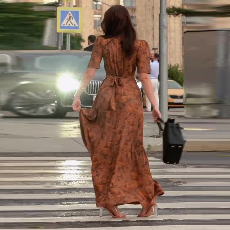 Women's Fashion Brown Printed Elegant Dress Dresses