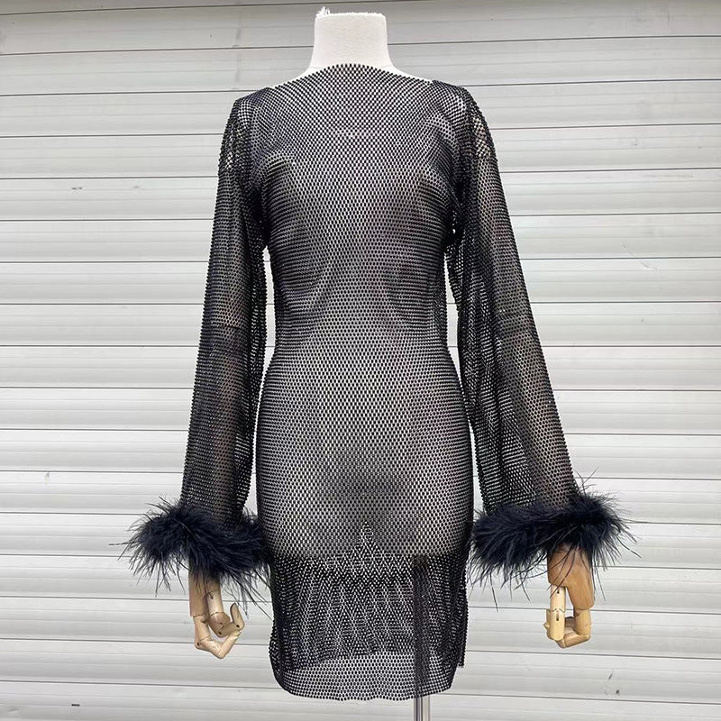 Fashion Luxury Hollow Mesh Ostrich Feather Slimming Bottoming Dress