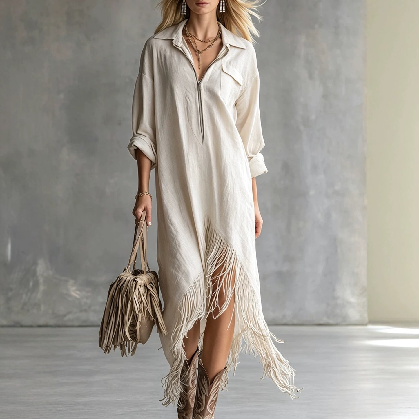 Autumn Elegance Retro Loose Irregular Fringed Dress