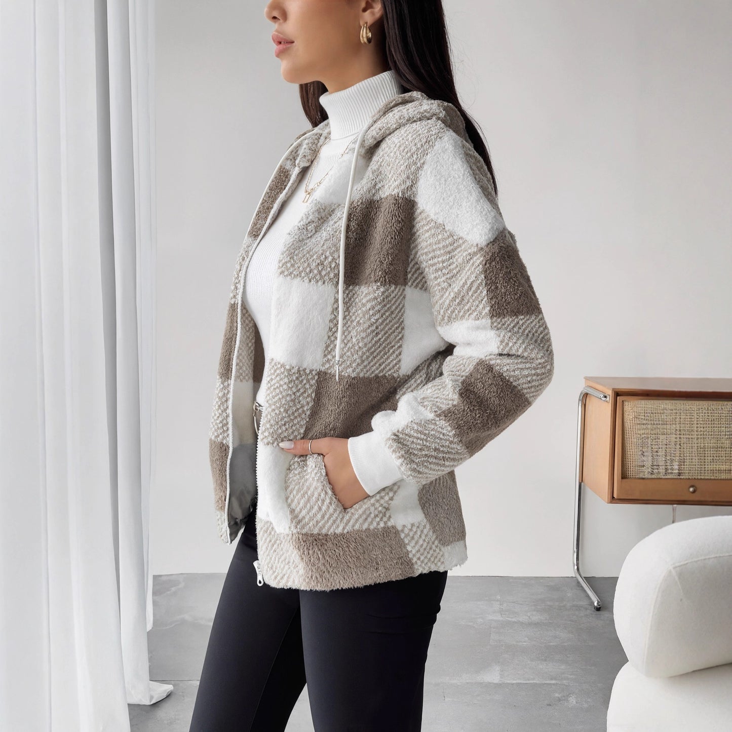 Women's Fleece Sweatshirt Loose Casual Hooded Plaid Women's Sweater, Sweater