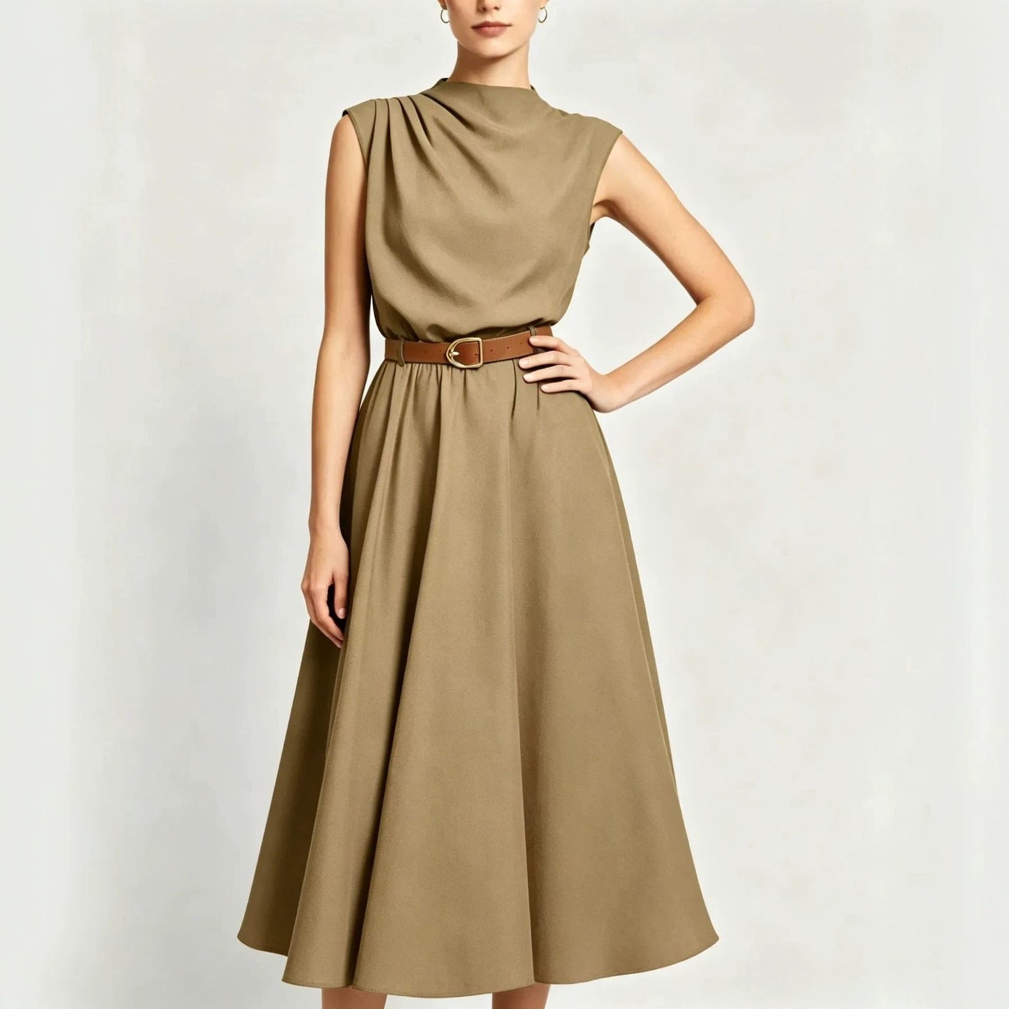 Summer Turtleneck Sleeveless Single Side Pleating With Dress