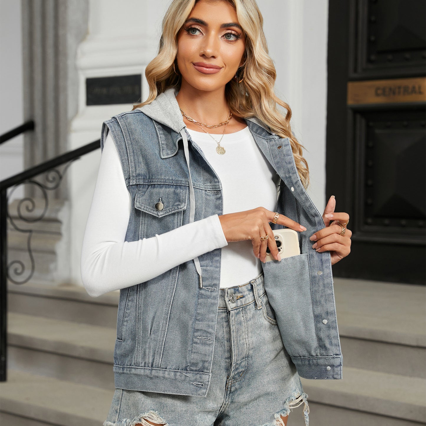 Women's Innovative Washed Hooded Denim Waistcoat Vests