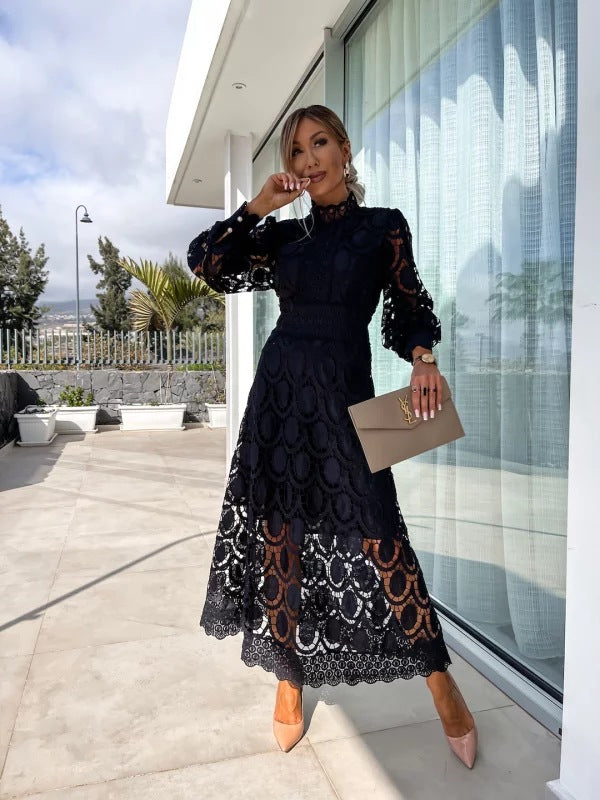 French Style Lace Stand Collar Puff Dresses