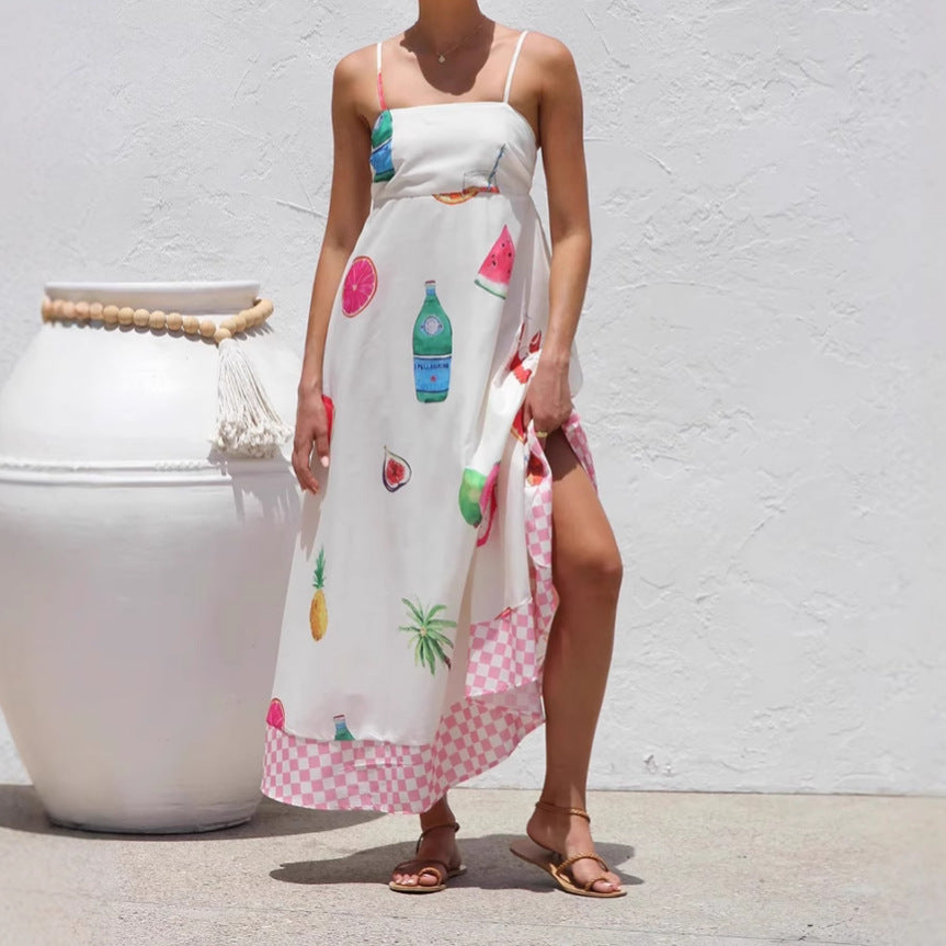 Women's Casual Vacation Style Printed Sling High Waist Big Dress