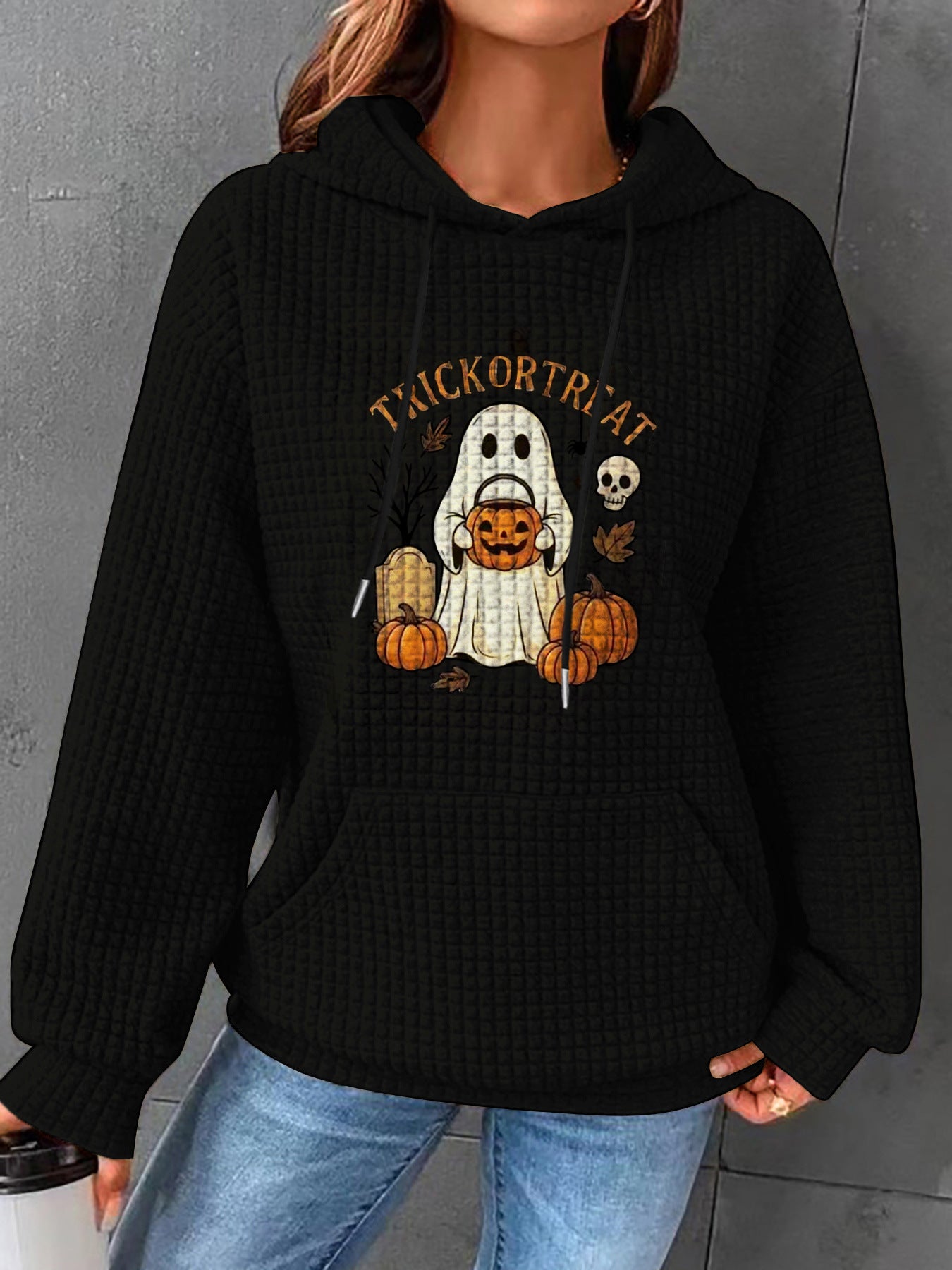 Women's Waffle Long Sleeve Pullover Halloween Printed Tops
