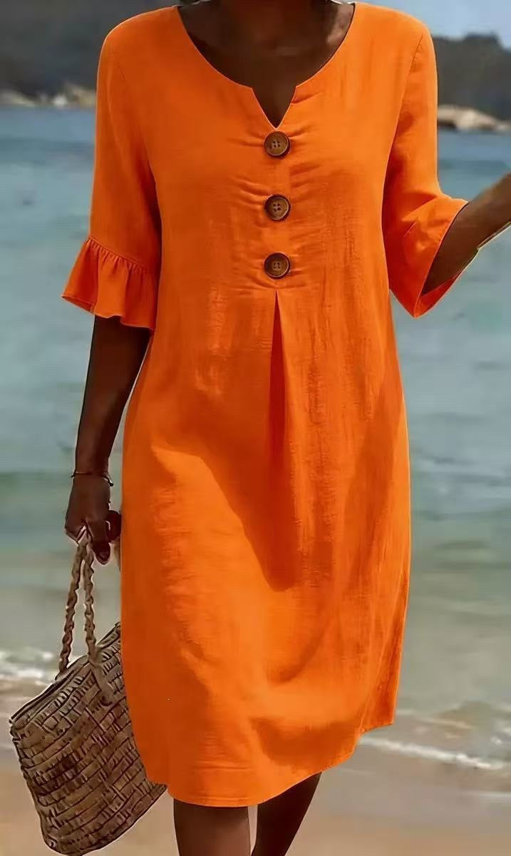 Women's Cotton Linen Large Buttons Ruffle Sleeve Dress