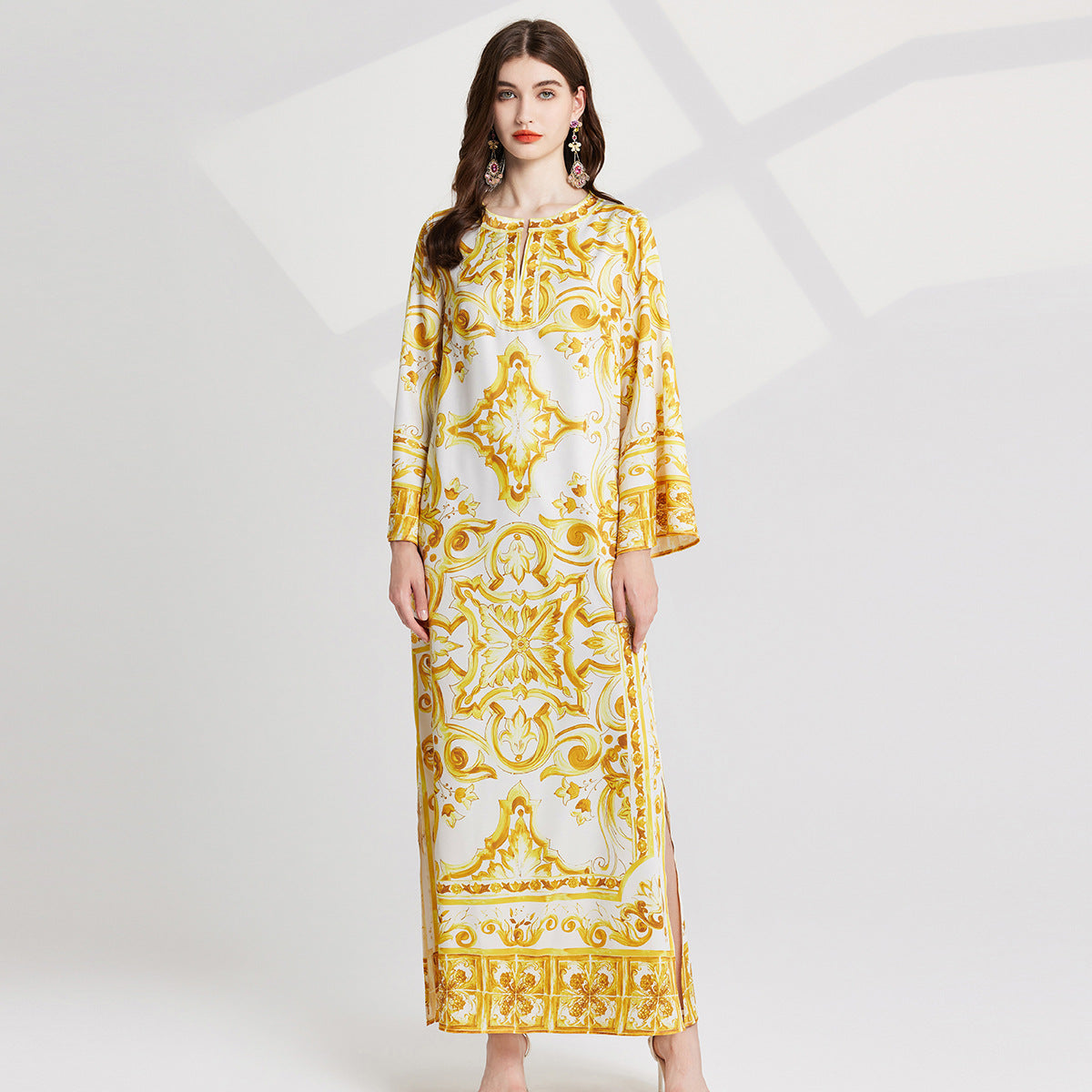 Women's Printed National Style Dress Summer Round Neck Wide Hem Dresses