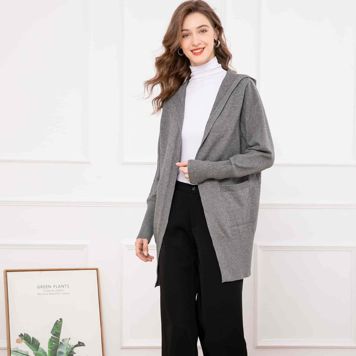 Women's V Loose Outer Wear Mid-length Outerwear Casual Simple Commute Hooded Sweater