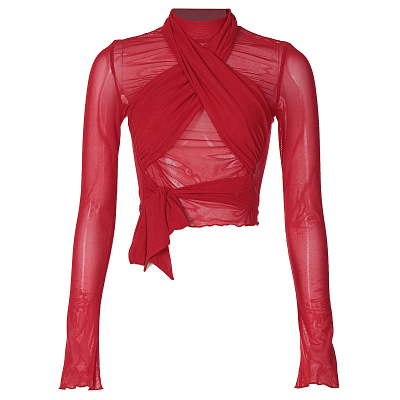Women's Fashion Sexy Tight Long Sleeve Tied Stitching Blouses