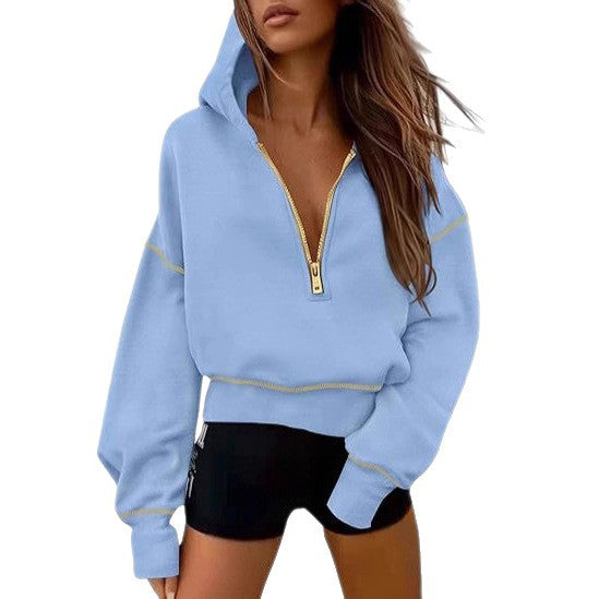 Women's Half Zipper Ladies Hooded Long-sleeved Fashion Women's Sweater, Sweater